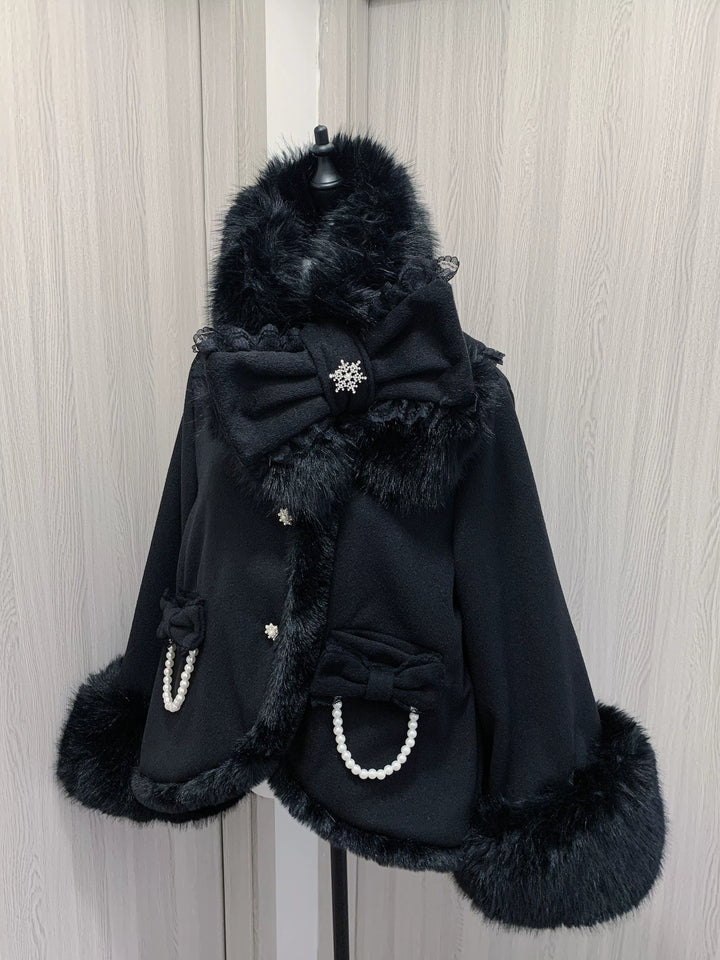 Jirai Kei Wool Coat Fur Collar Big Bow Knot Winter Coat (Black) 40572:674286