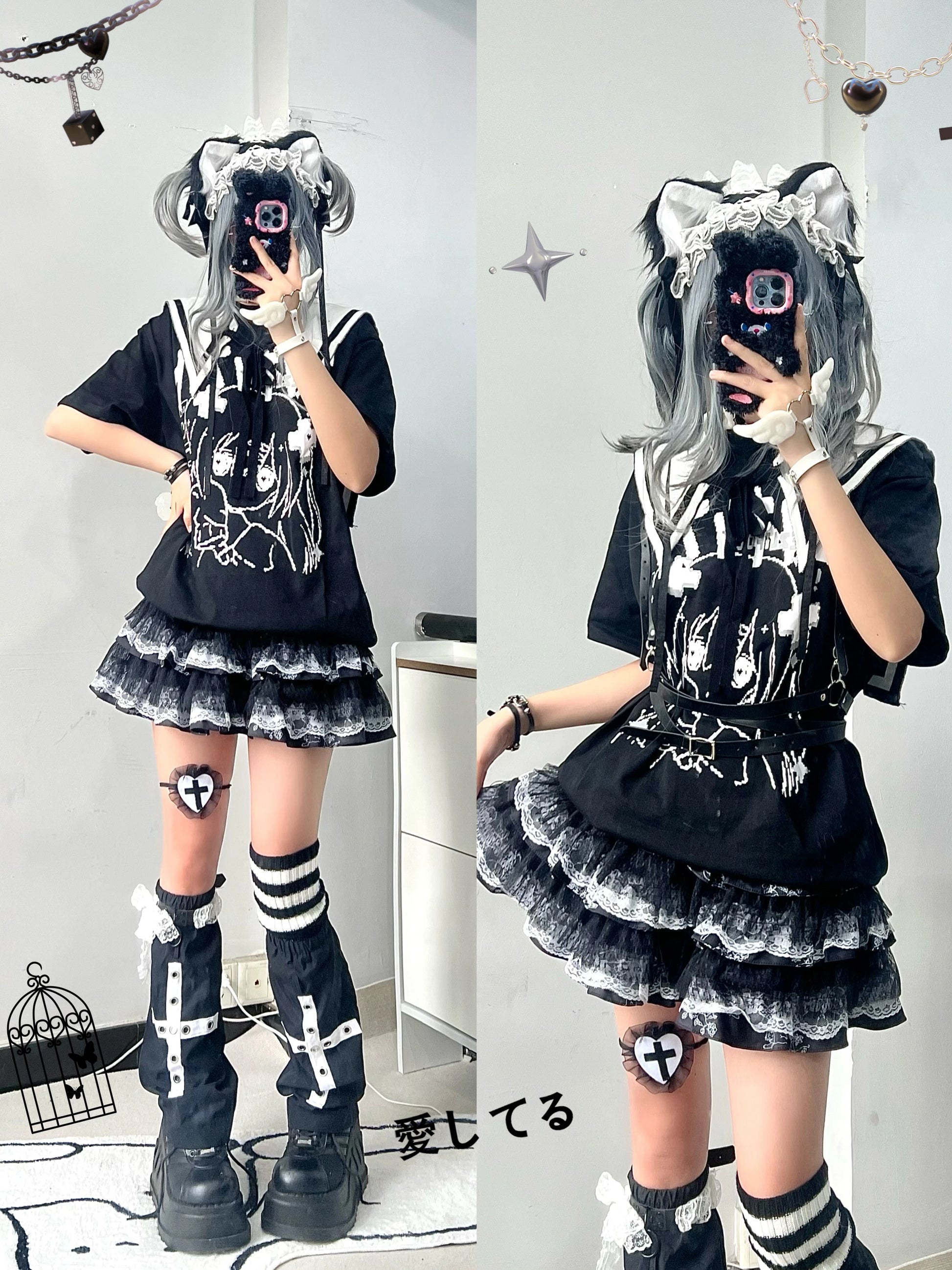 Jirai Kei Skirt Gothic Punk Skirt Black Lace Puff Skirt 36582:558566