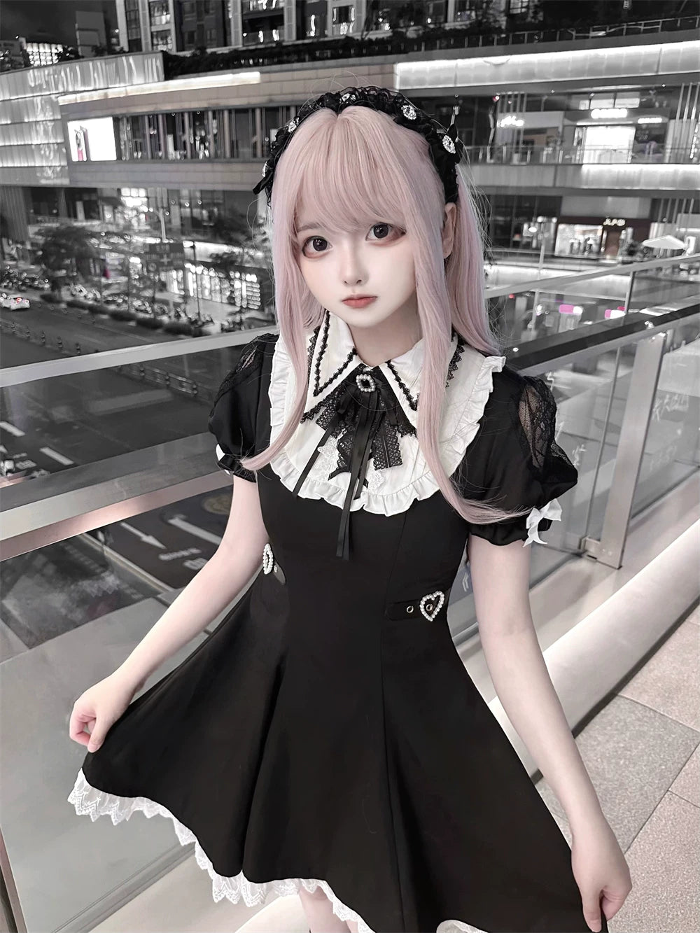 Jirai Kei A-line Dress, Black & White Color Block 45583:855106