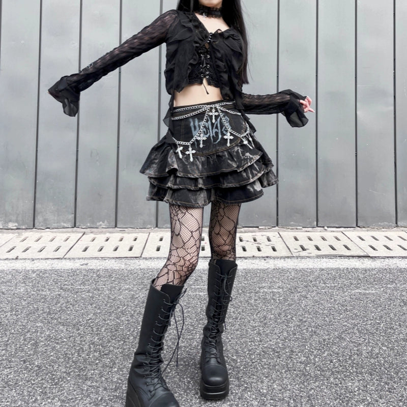 Gothic Puffy Skirt Subculture High Waist Denim Skirt 37472:560766