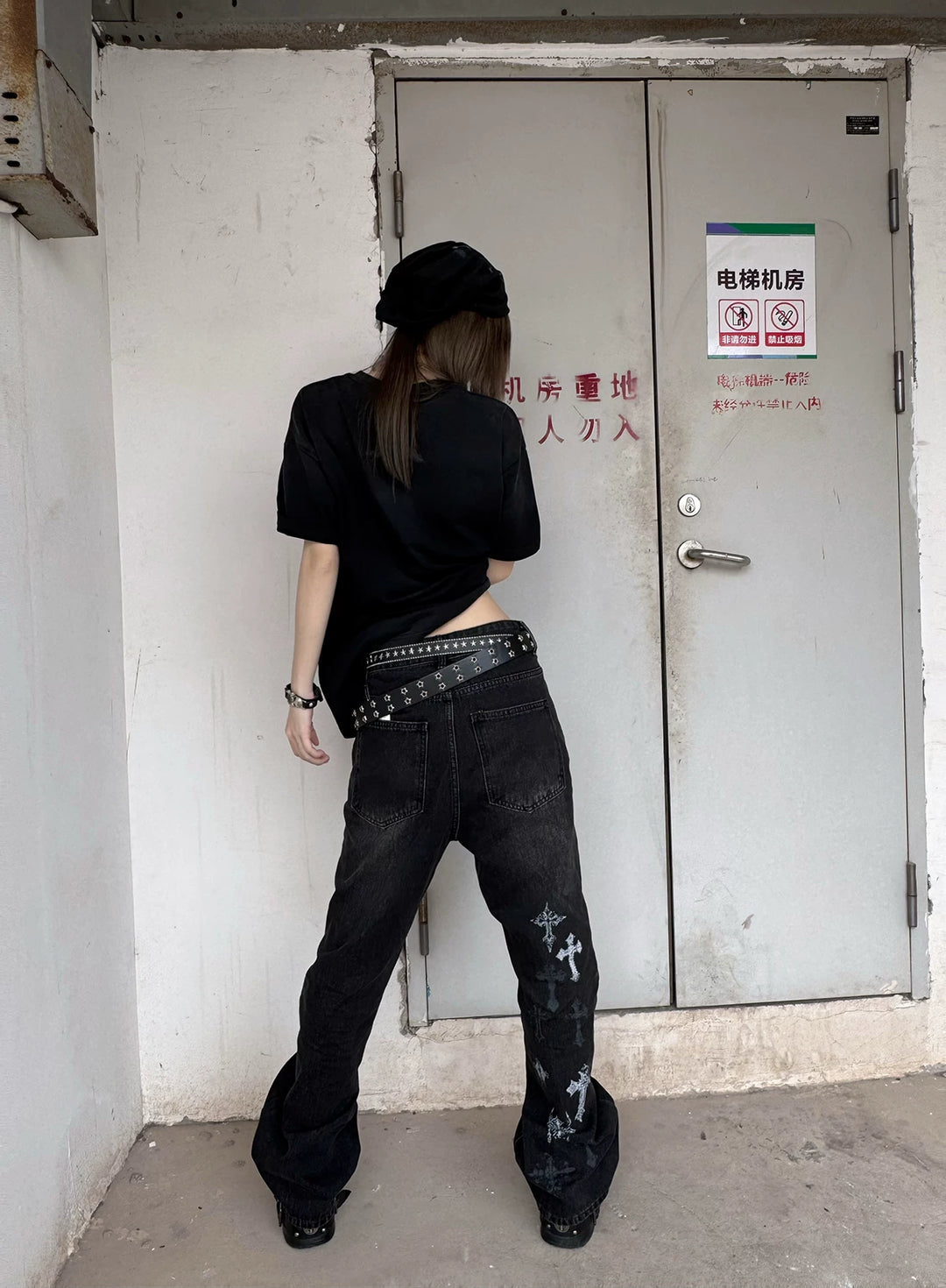 Punk Slight-flare Jeans, Varied Cross Prints 45698:859536