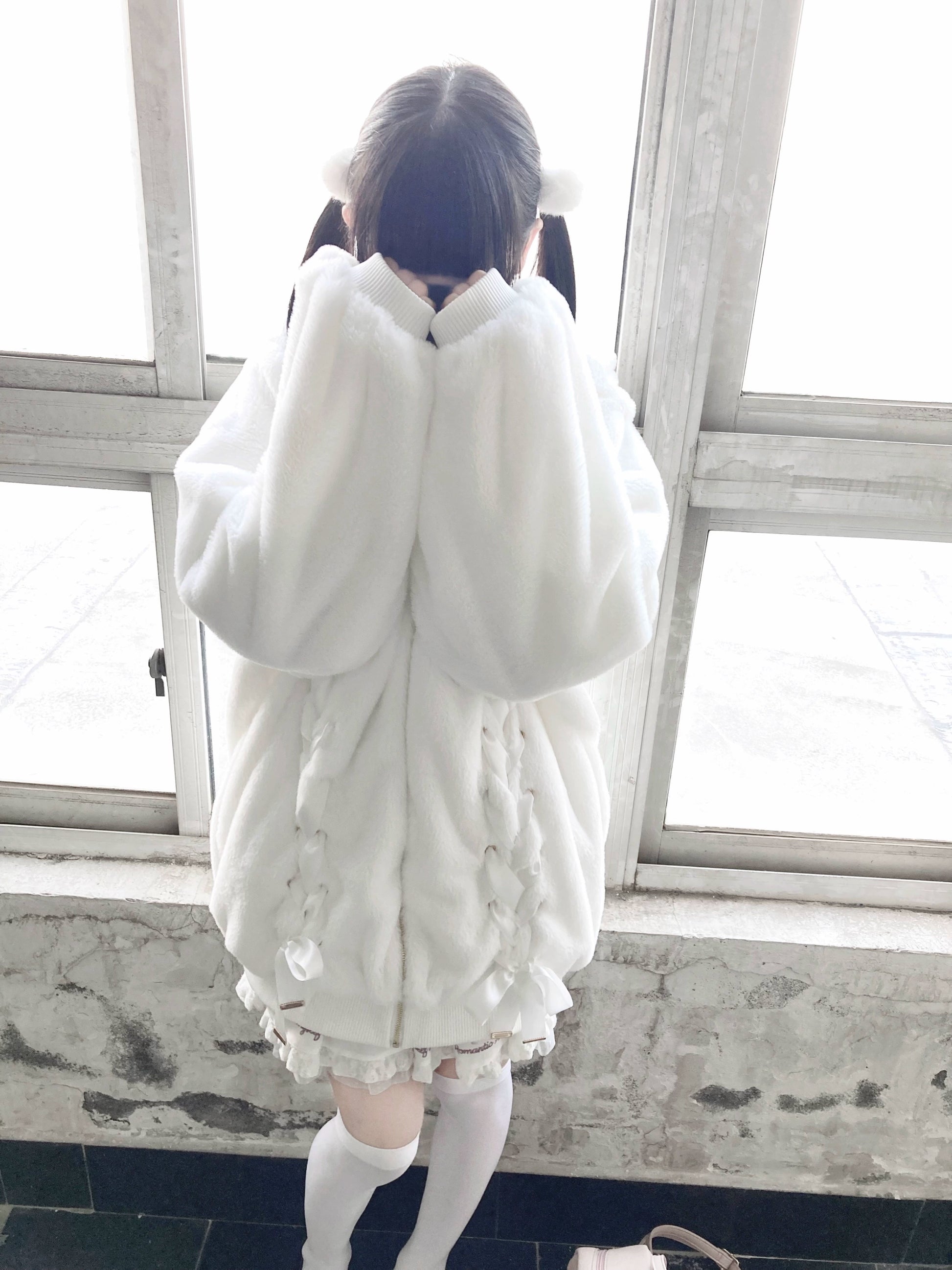 White Jirai Kei Plush Coat Ryousangata Ribbon Bowknot Jacket 33306:446254