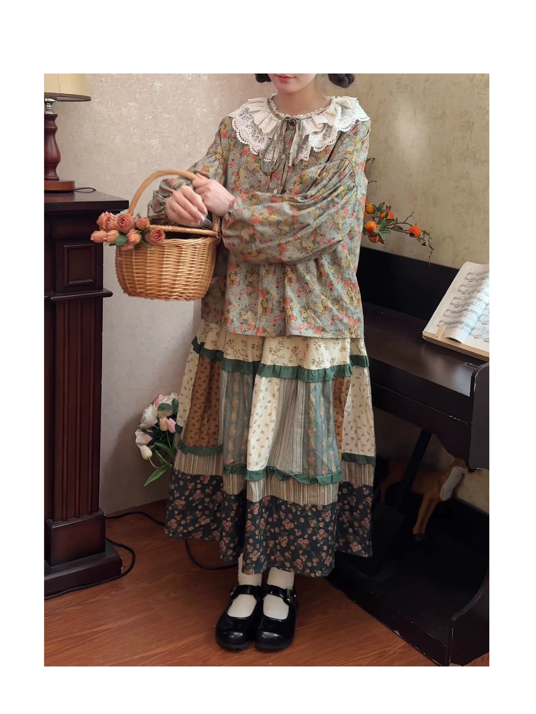 Mori Kei Skirt Retro Plaid Patchwork Floral Long Skirt 41800:713978