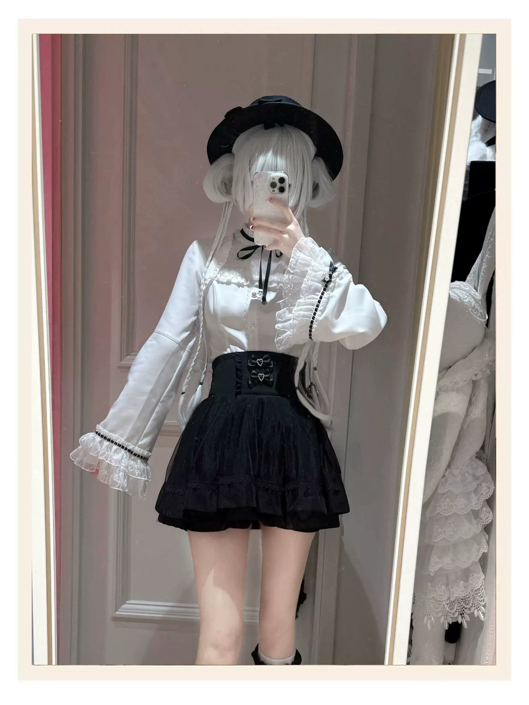Jirai Kei Flared Sleeve Blouse, Double-Layered Skirt 45260:842940