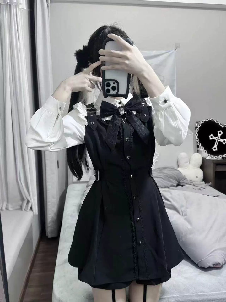 Faux Two-piece Jirai Kei Dress, Rhinestone Bow (Black / 2XL L M S XL) 44893:827596