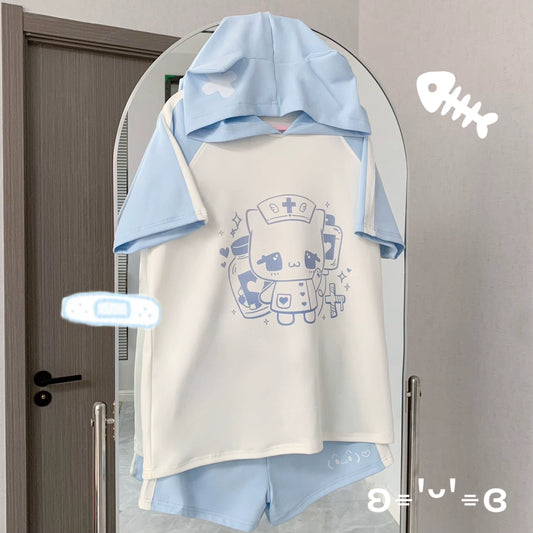 Tenshi Kaiwai Set Medical Cat Ear Hoodie Short Sleeve Shirt (L M S / Hoodie Shorts) 38002:579580