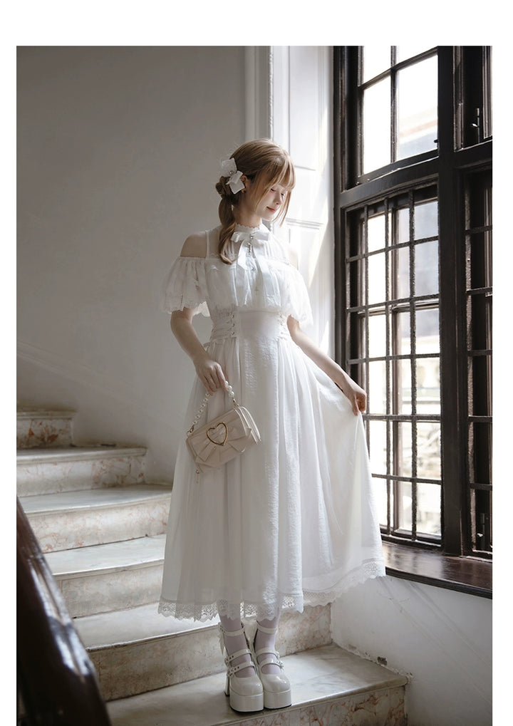 Black / White Jirai Kei Long Dress, Detachable Bow, Cross Detail (L M S) 43510:778772