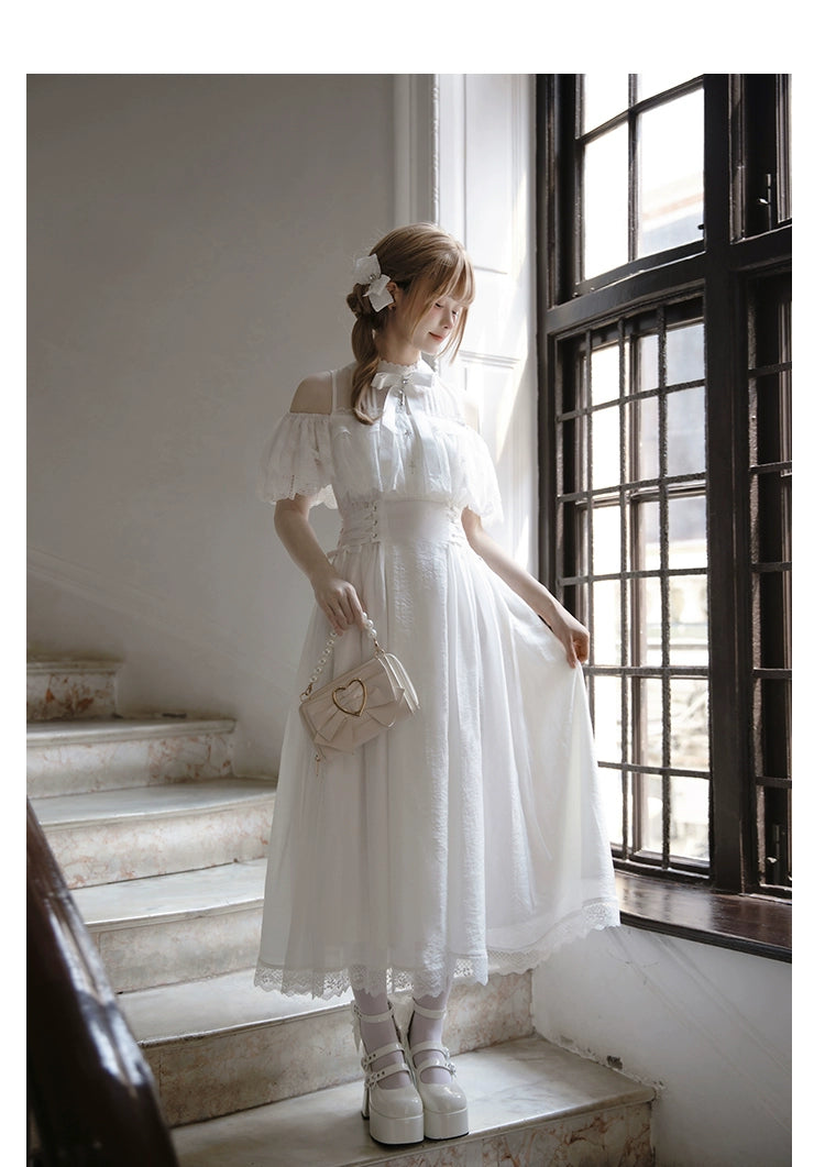 white twirly kyrii dress Black / White Jirai Kei Long Dress, Detachable Bow, Cross Detail L / White Dress + Narrow-Ribbon Collar Bow