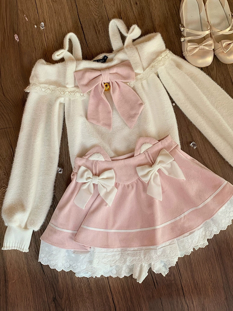 Kawaii Sweater White Off-Shoulder Top Pink Skirt Set 40900:698096