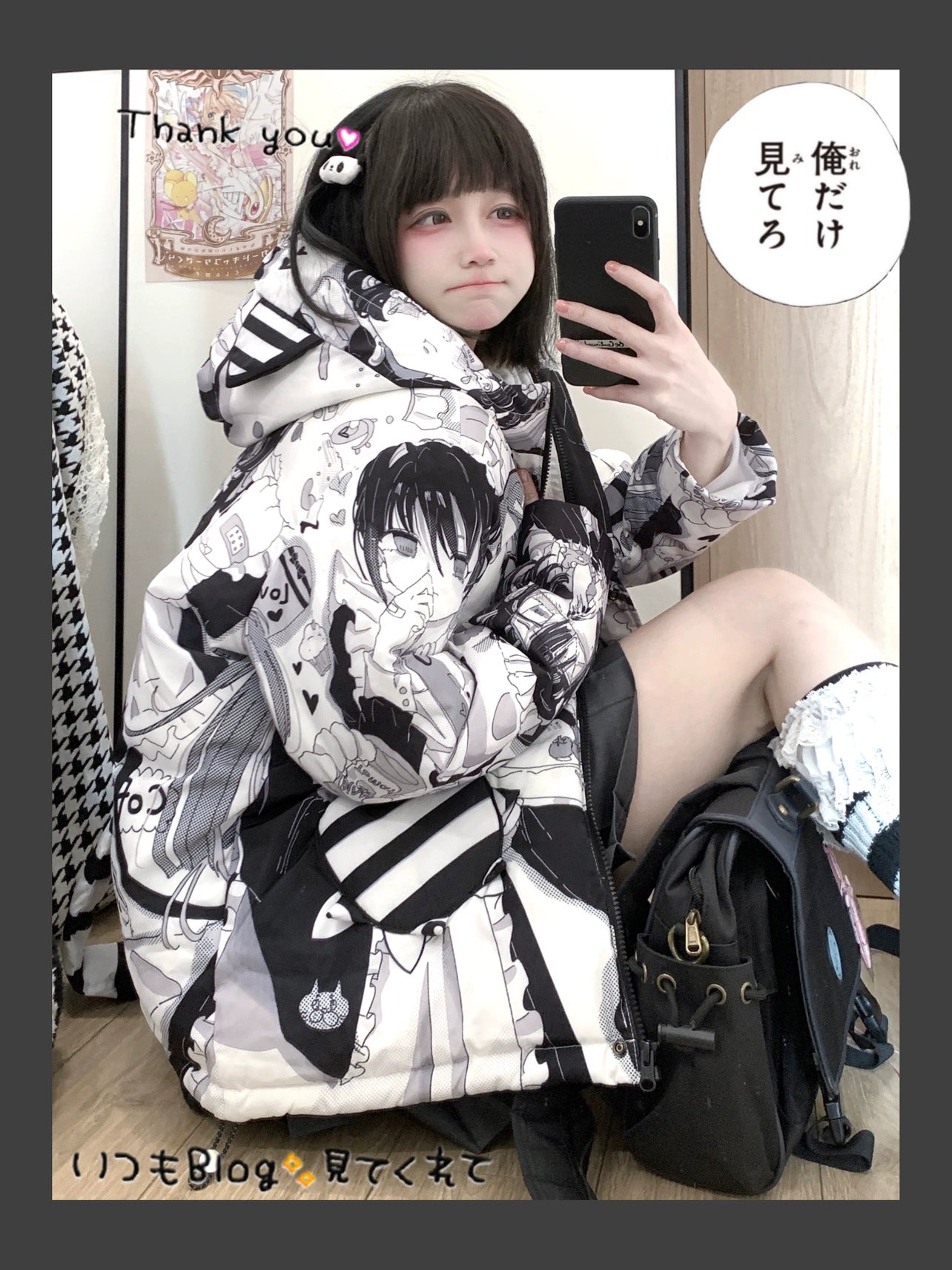 Kawaii Winter Coat Black White Girl Printed Cat Ear Padded Down Jacket 33318:431610