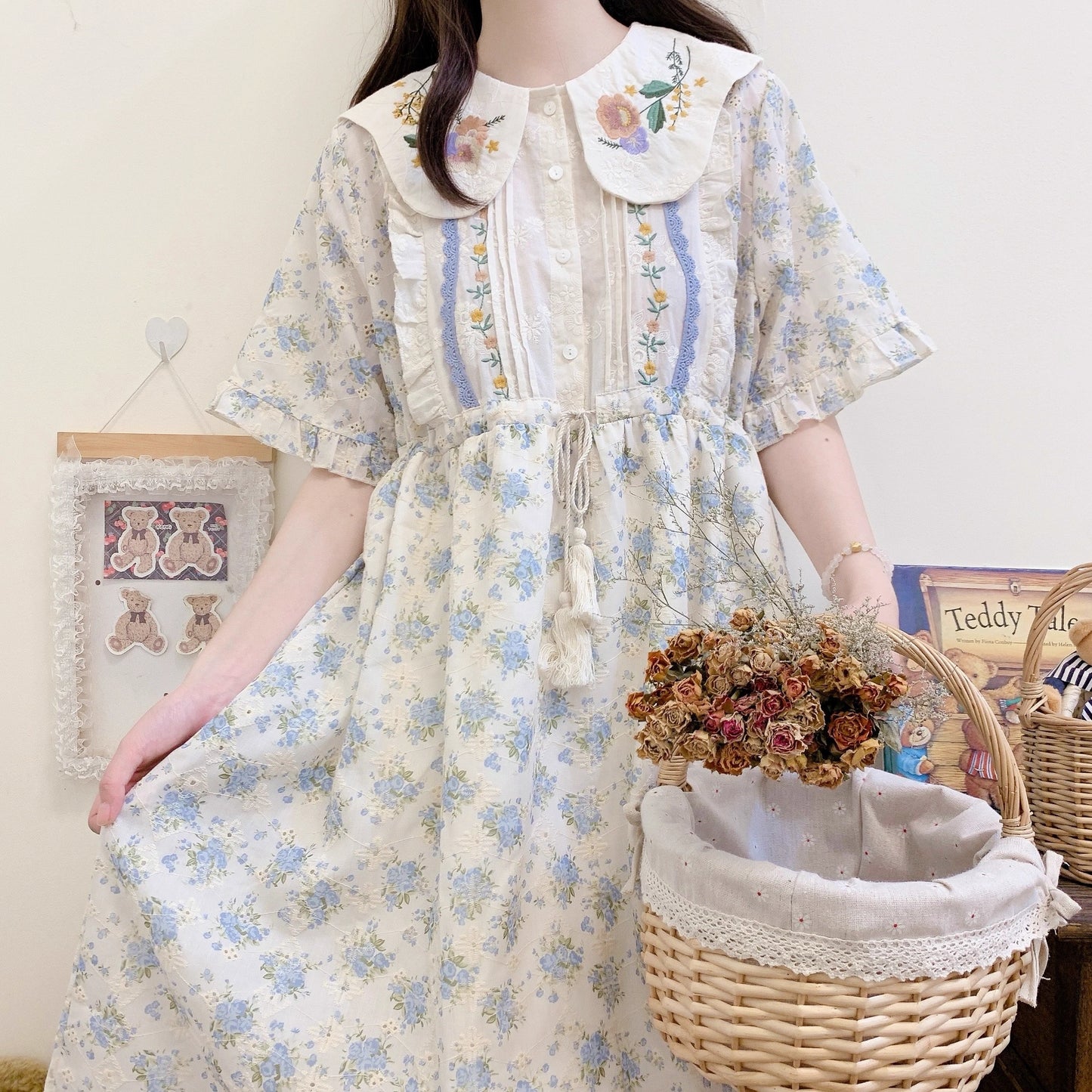 Cottagecore Dress Mori Kei Dress Blue Floral Dress 36236:526688