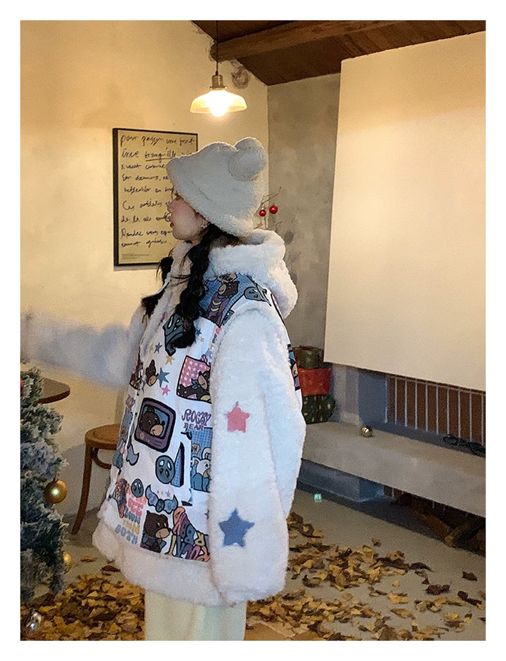 Kawaii Winter Coat Thickened Print Reversible Hooded Coat 39796:640876