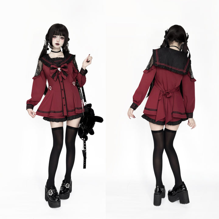 Jirai Kei Dress Set Sailor Collar Long-sleeved Dress 34502:734658