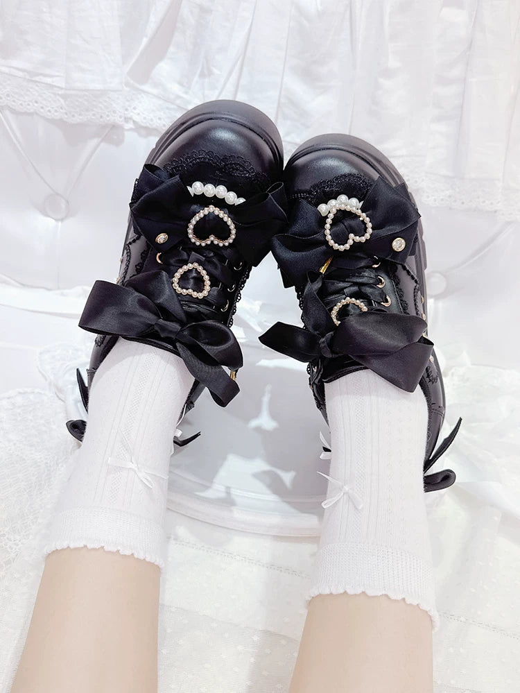 Jirai Kei Bowknot Shoe Clips, Heart-Shaped Faux Pearl 45356:845560