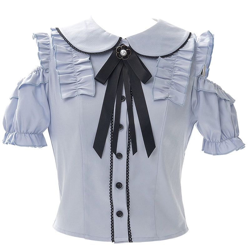 Jirai Kei Set Blue Open Shoulder Blouse Flounce Hem Skirt (L M S XL) 21966:351032