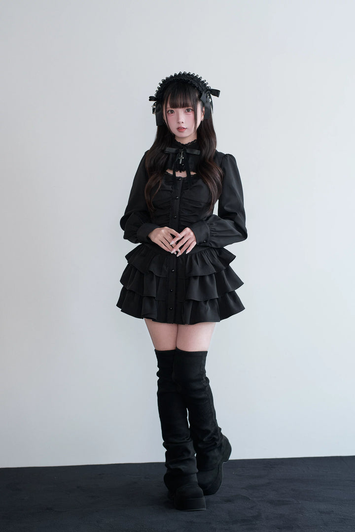 Black/Gray Jirai Kei Lace-Up Dress, Elastic Shorts 44329:806147