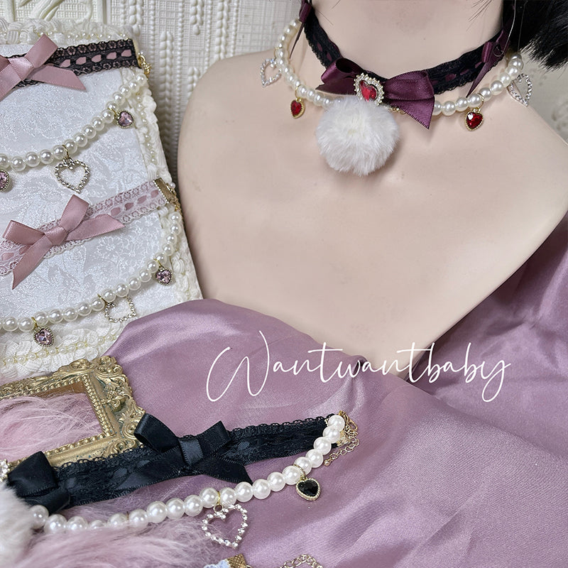 Jirai Kei Lace Choker With Bows Rhinestones And Heart-shaped Ball 42234:733384