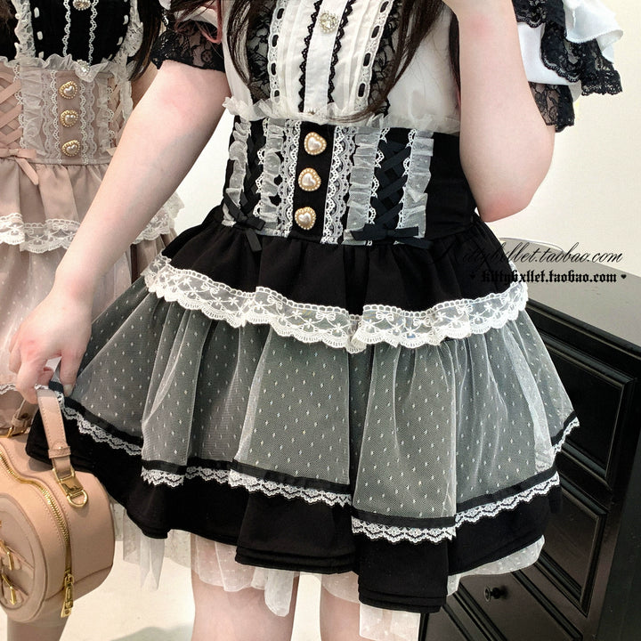 High-waist Rousangata Skirt, Sheer Dot Veil Hem (Black) 43693:783062