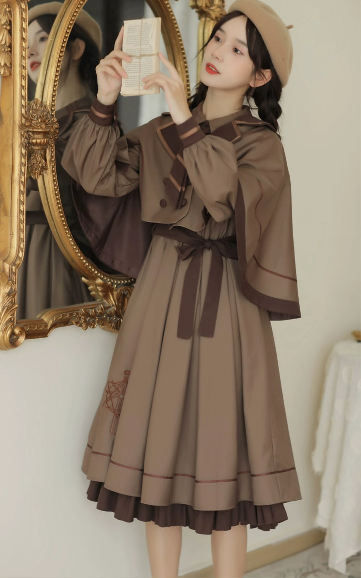 Preppy JK Uniform Dress A-line Princess Dress With Cape Multicolor 42437:761030