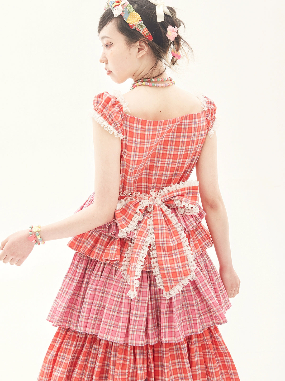 Sweet Lolita Dress Pink Plaid Dress Kawaii Layered Dress 36166:543342