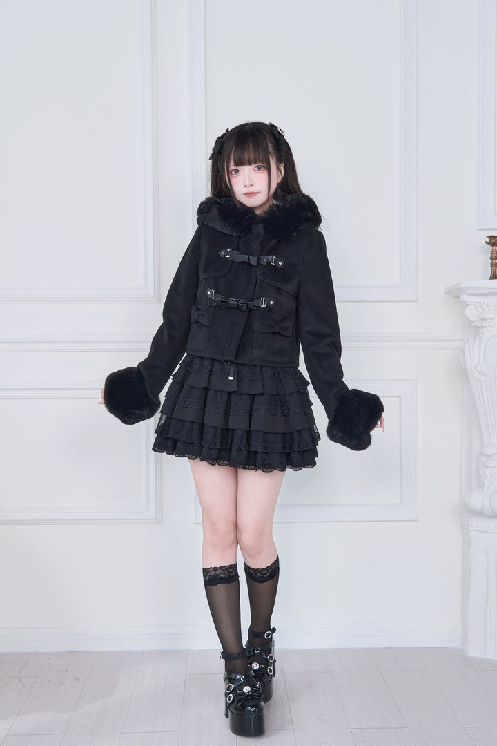 Hooded Rousangata Short Coat, Detachable Plush Cuffs 44116:796393