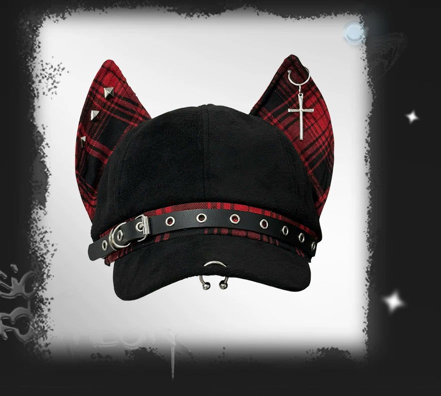 Punk Plaid Hat with Doberman Ears, Back Adjustable Strap 45431:849922