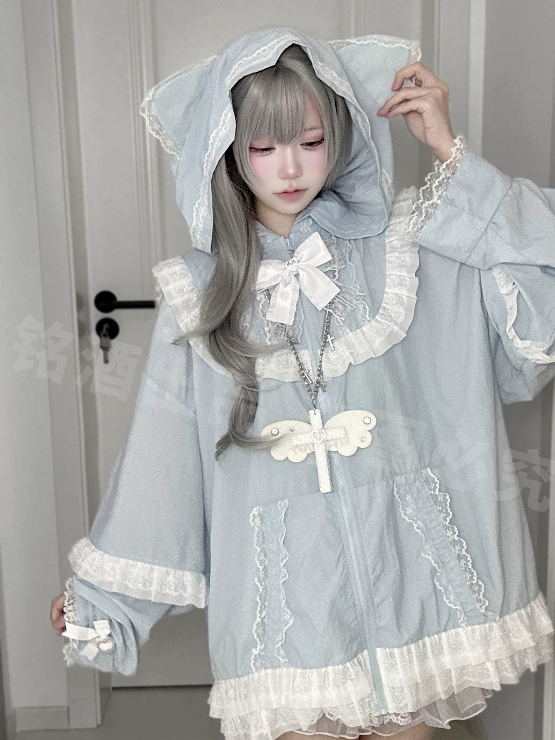 Jirai Kei Lace Trim Sun Protective Jacket, Cat-ear Hood 45652:857233