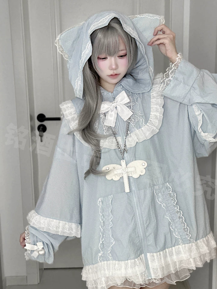 Jirai Kei Lace Trim Sun Protective Jacket, Cat-ear Hood 45652:857233
