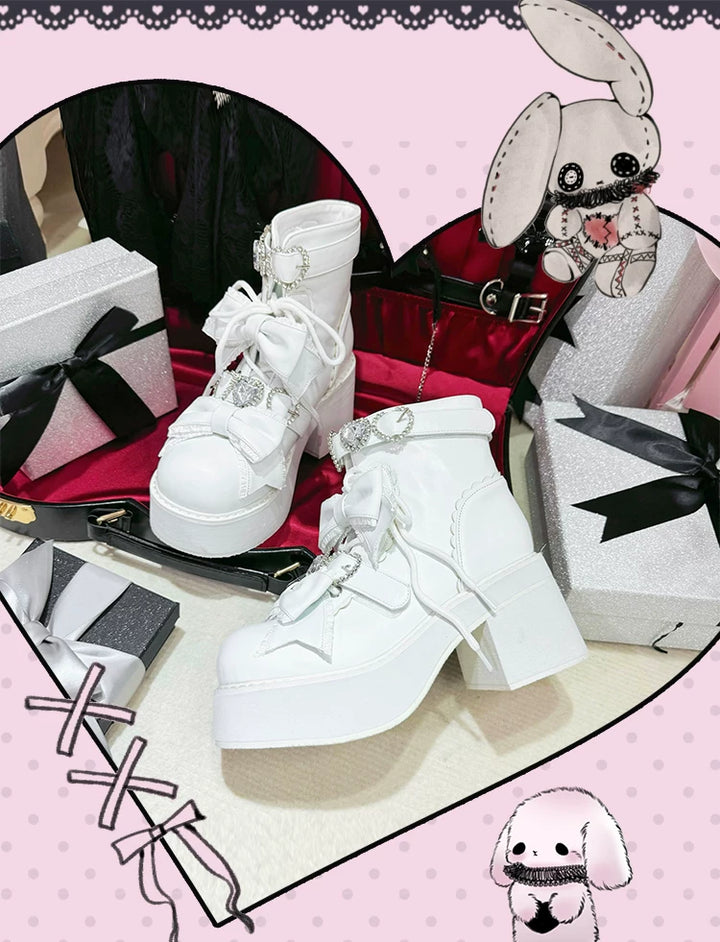 Jirai Kei Heeled Ankle Boots, Heart Rhinestone & Bows 45865:873155