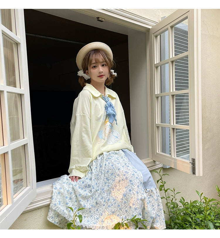 Mori Kei Skirt Patchwork Floral Skirt High Waist Cotton Skirt 36558:531080