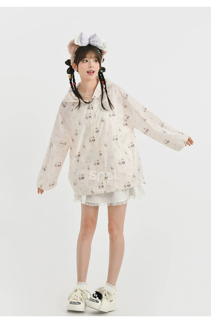 Kawaii Coat Bear Print Sun Protection Hooded Jacket Shorts Set (L M S) 35900:544424