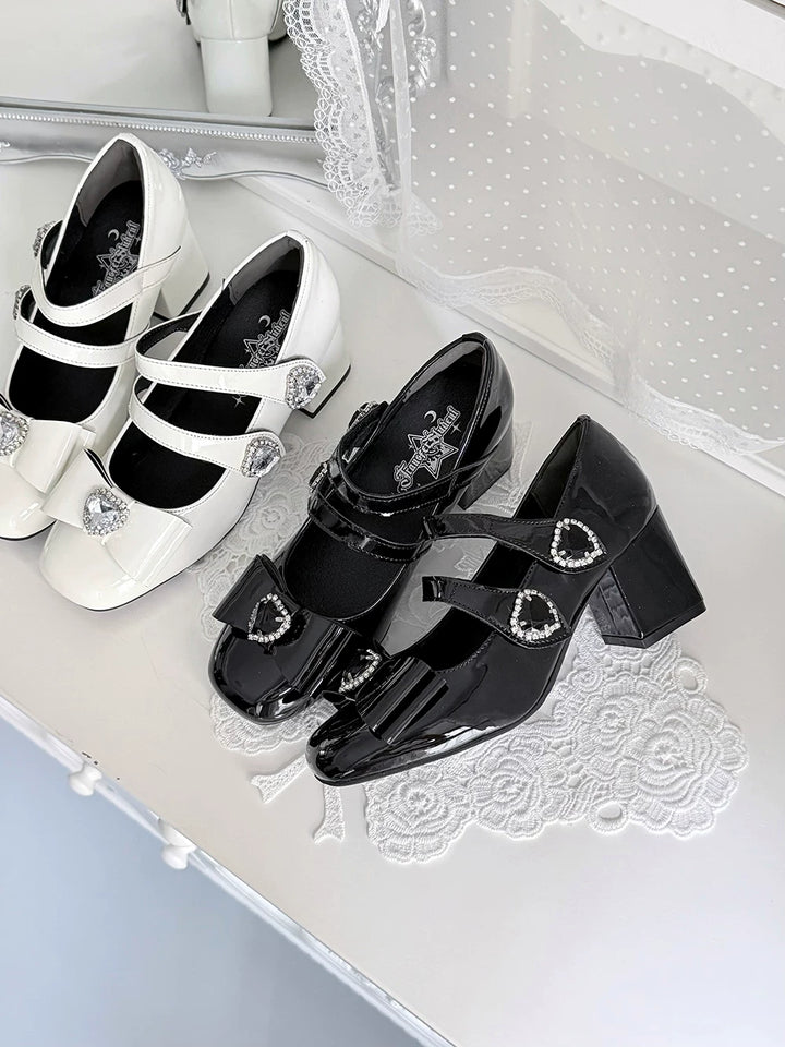 Jirai Kei Square Toe Chunky Heels, Heart rhinestone Details 45840:867429