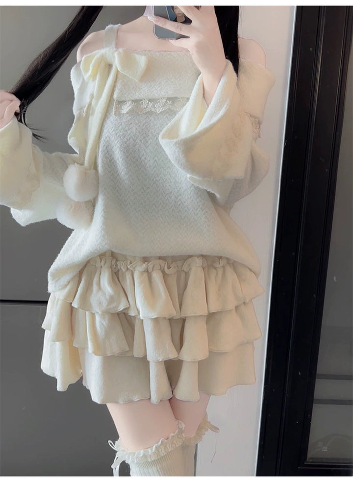 Jirai Kei Sweater White Off-Shoulder Sweater Tiered Skirt 40074:649818