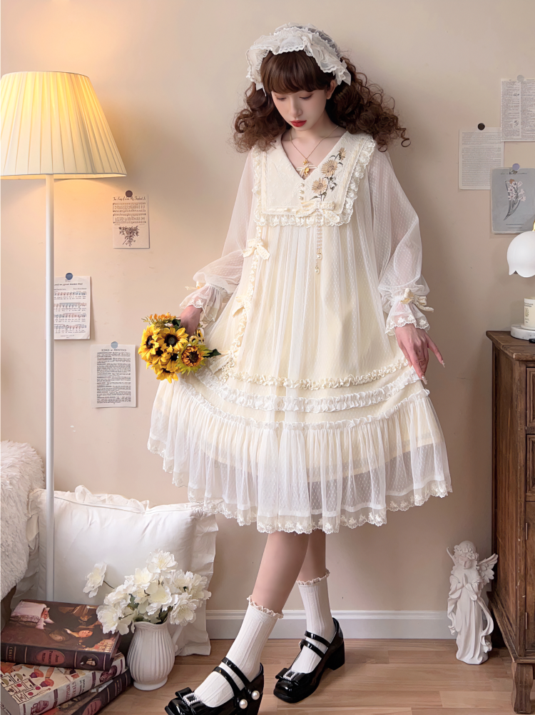 Sunflower Daily Lolita Dress Mori Kei Dress Long Sleeve Dress 36478:552260 36478:552260