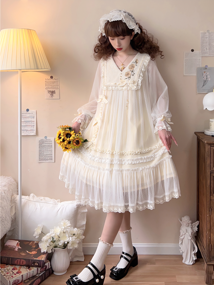 Sunflower Daily Lolita Dress Mori Kei Dress Long Sleeve Dress 36478:552260
