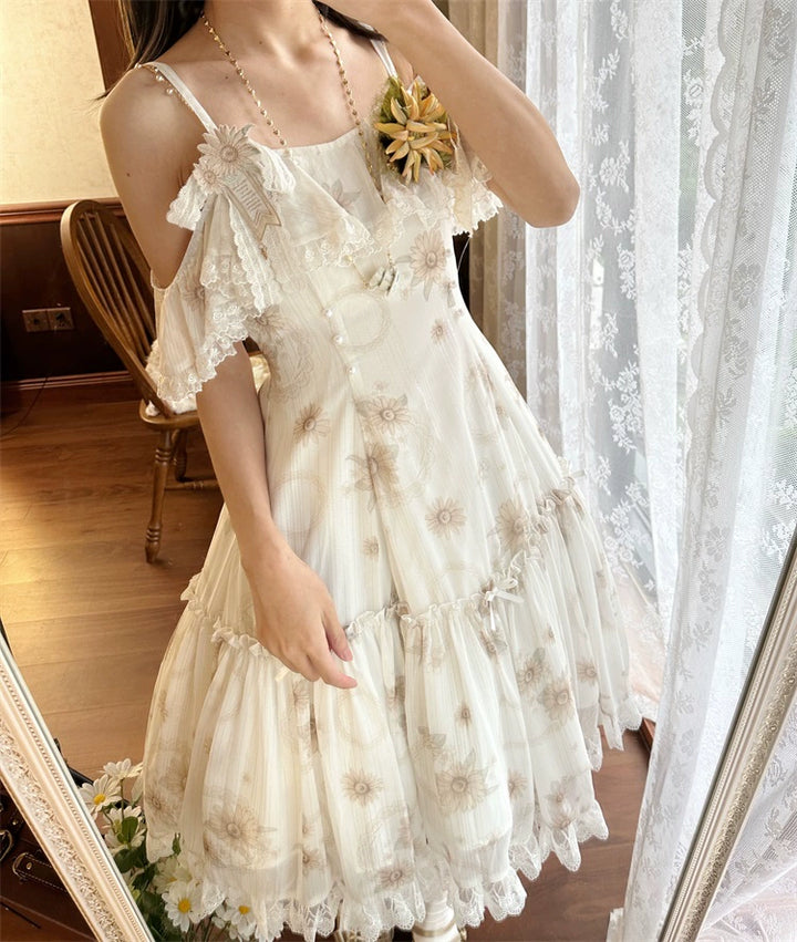 Lolita Dress Sunflower Print JSK White Strap Lolita Dress 36480:545908