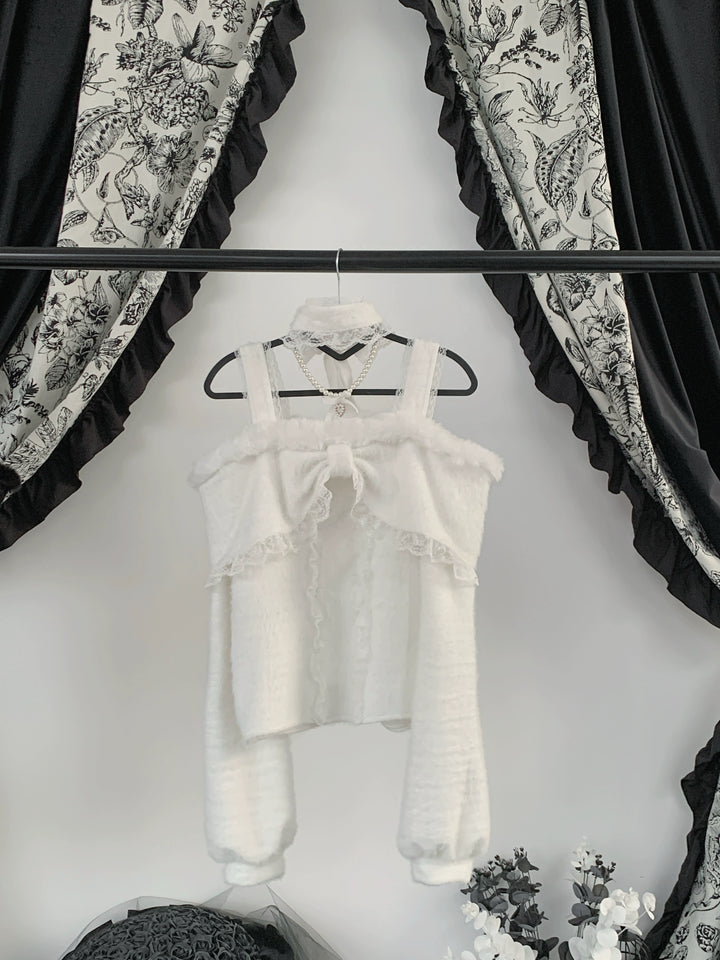 Open-Shoulder Plush Top, Choker with Pearl-Like Chain (L M S XL) 44114:801545