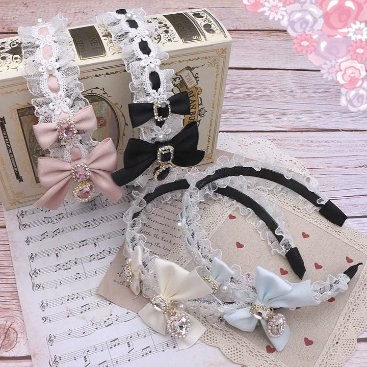 Jirai Kei Lace & Ribbon Headband, Heart-Shaped Rhinestone 45076:837738