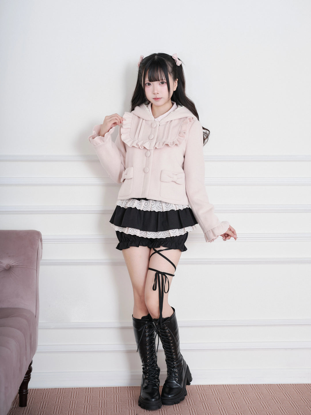 Ryousangata Hooded Solid Coat, Ruffled Neckline 45955:870340
