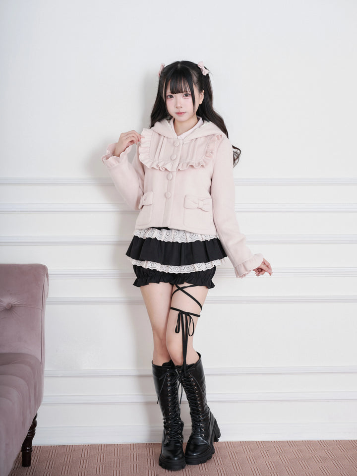 Ryousangata Hooded Solid Coat, Ruffled Neckline 45955:870340
