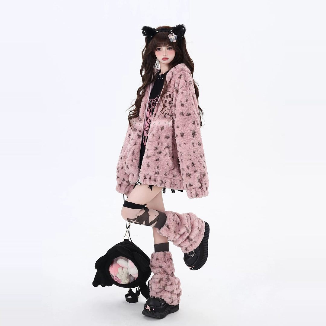 Jirai Kei Fleece Coat Leopard Print Hooded Jacket 40746:677846