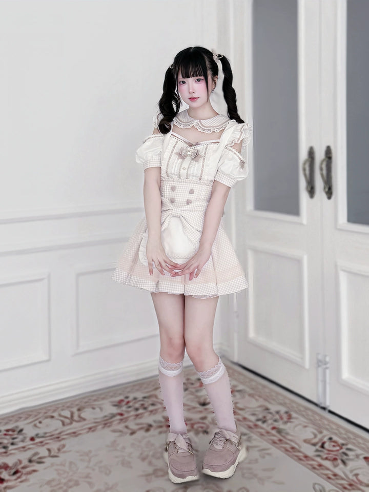 Jirai Kei Gingham Maid Blouse and Skirt Set, Detachable Apron 45659:858684