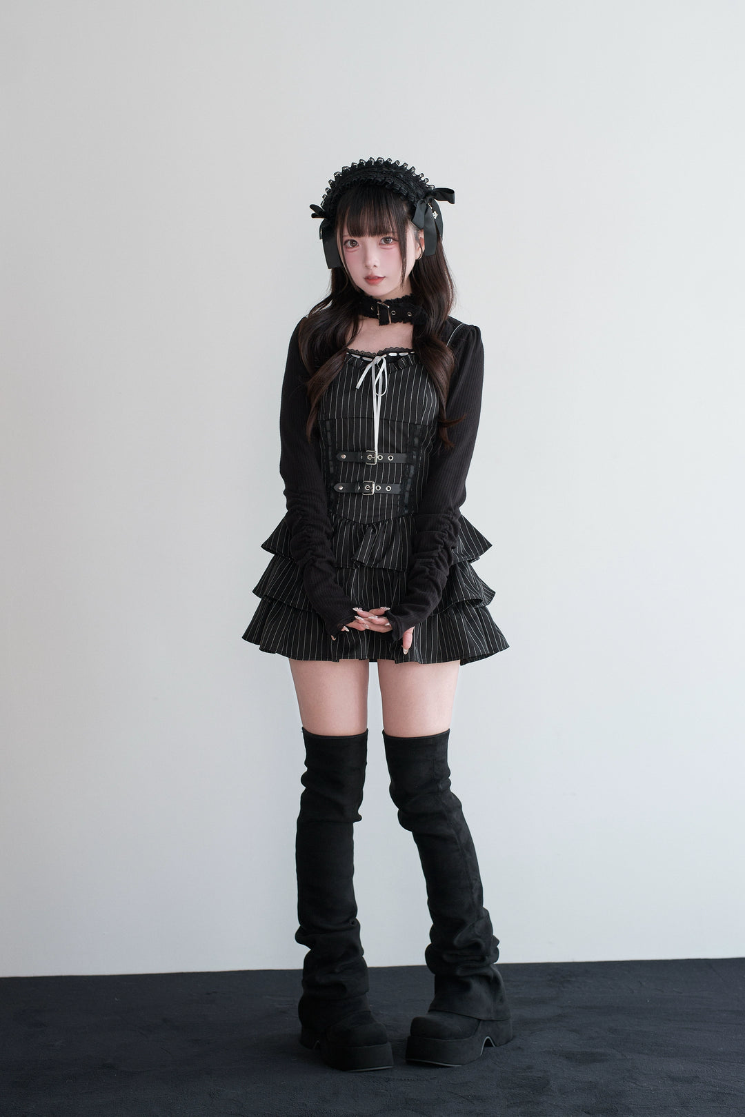 Jirai Kei Strappy Mini Dress, Tiered Ruffles 44328:805452