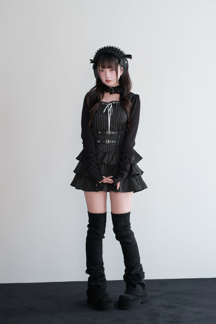 Jirai Kei Strappy Mini Dress, Tiered Ruffles 44328:805452