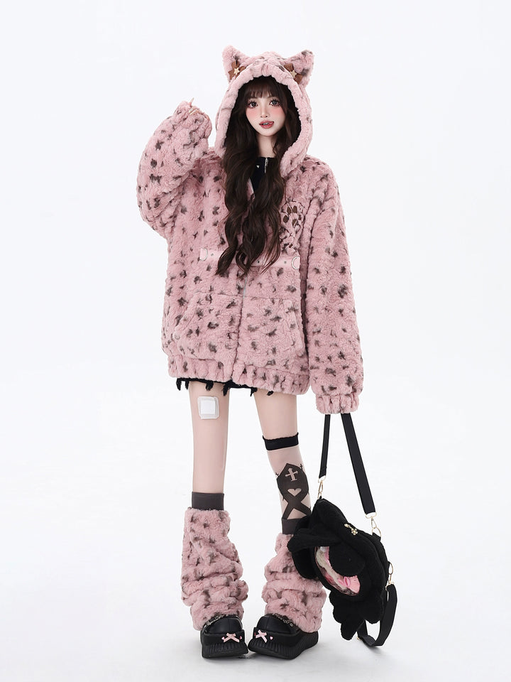 Jirai Kei Fleece Coat Leopard Print Hooded Jacket 40746:677840