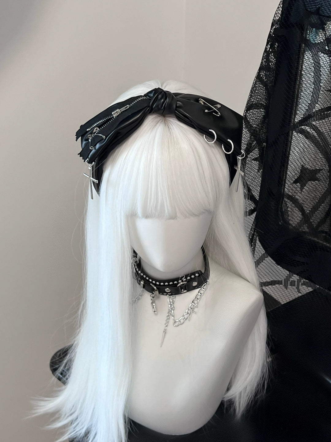 Dark Gothic Hair Clasp Punk Bow Headdress Leather Headband 37268:555162 37268:555162