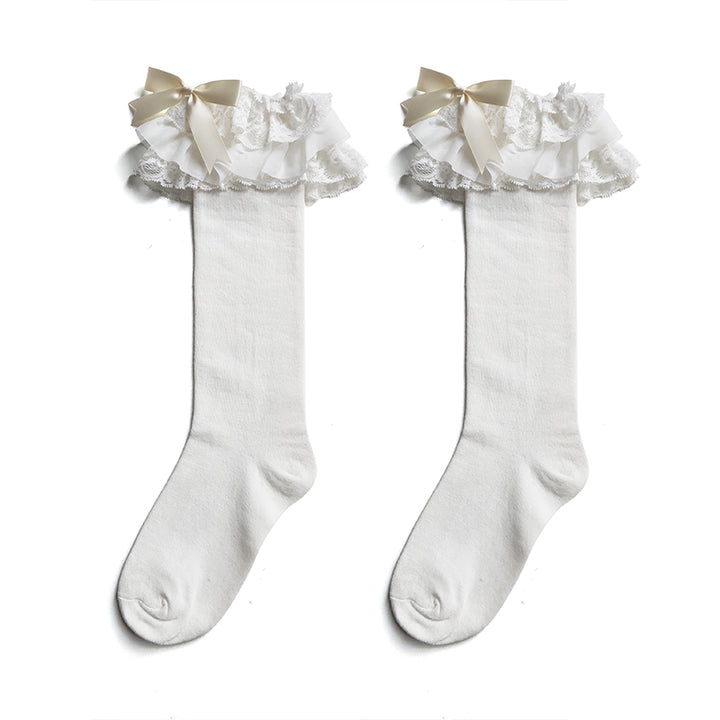 Lolita Socks Layers Lace Frill Cotton Mid-Calf Socks With Bows 42243:733468