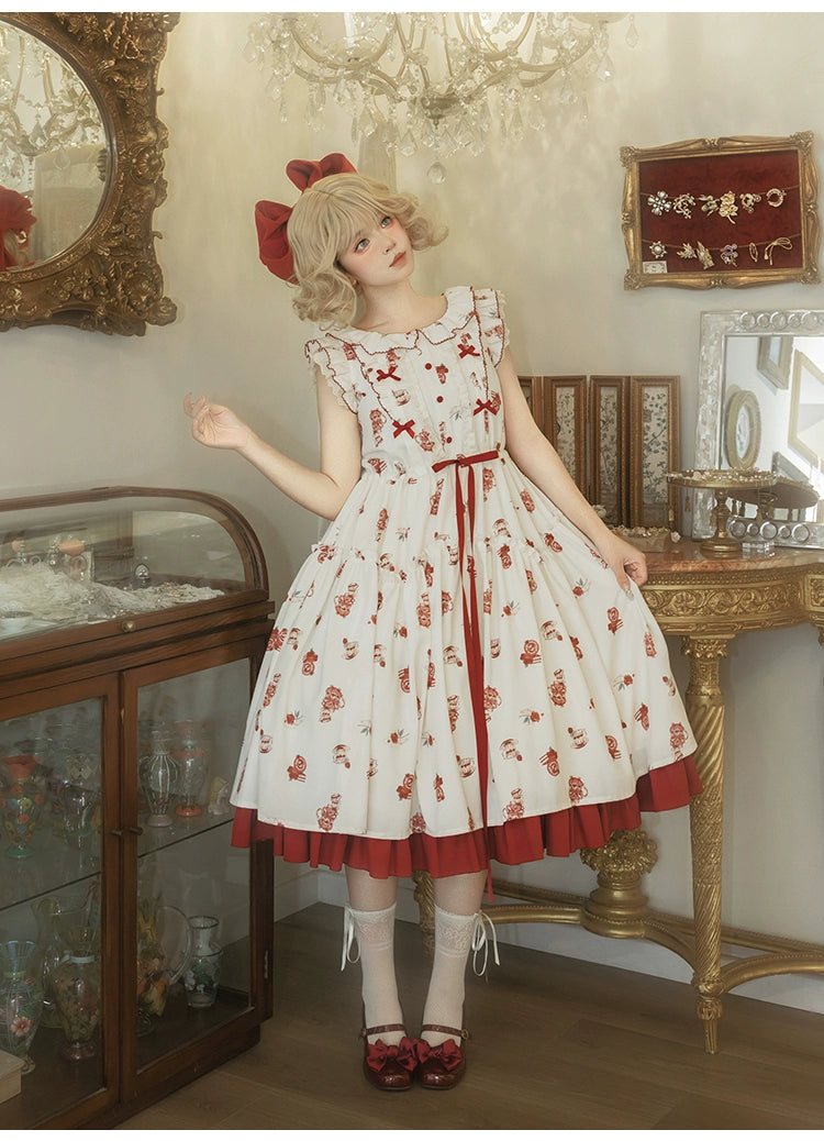 Classic Lolita Dress With Short Sleeve And Floral Tea Pot Print Multicolor 37134:552436