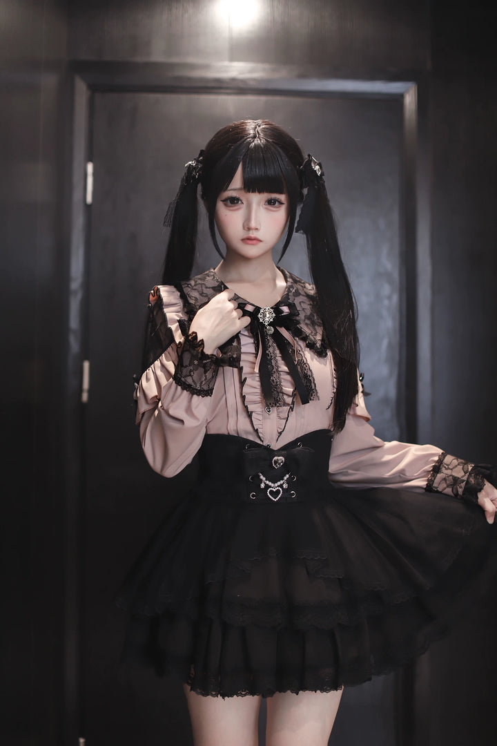 Jirai Kei Long Sleeve Blouse, Lace Overlay and Heart Buttons 44589:815187