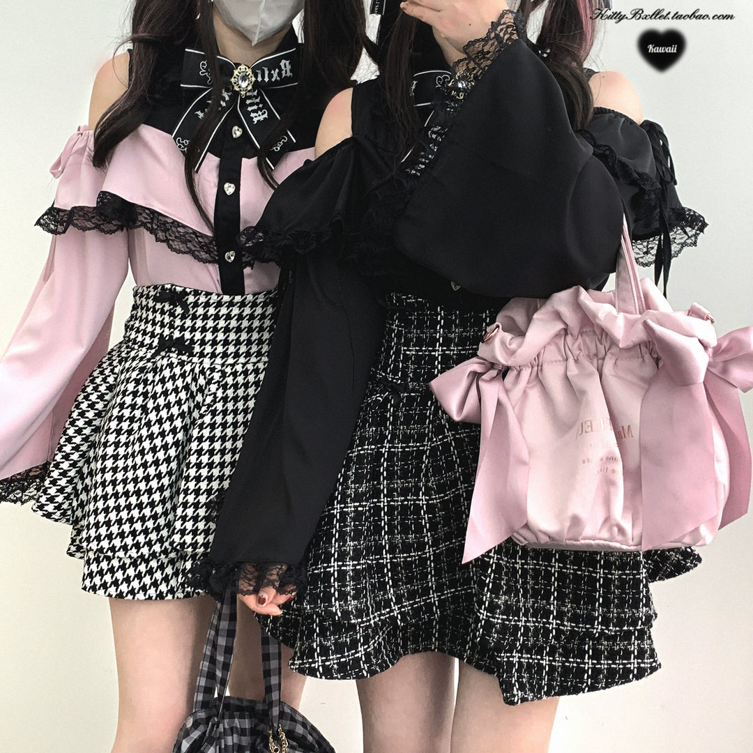 Jirai Kei Skirt Double-layer Skirt Black White Check Skirt 40018:651204